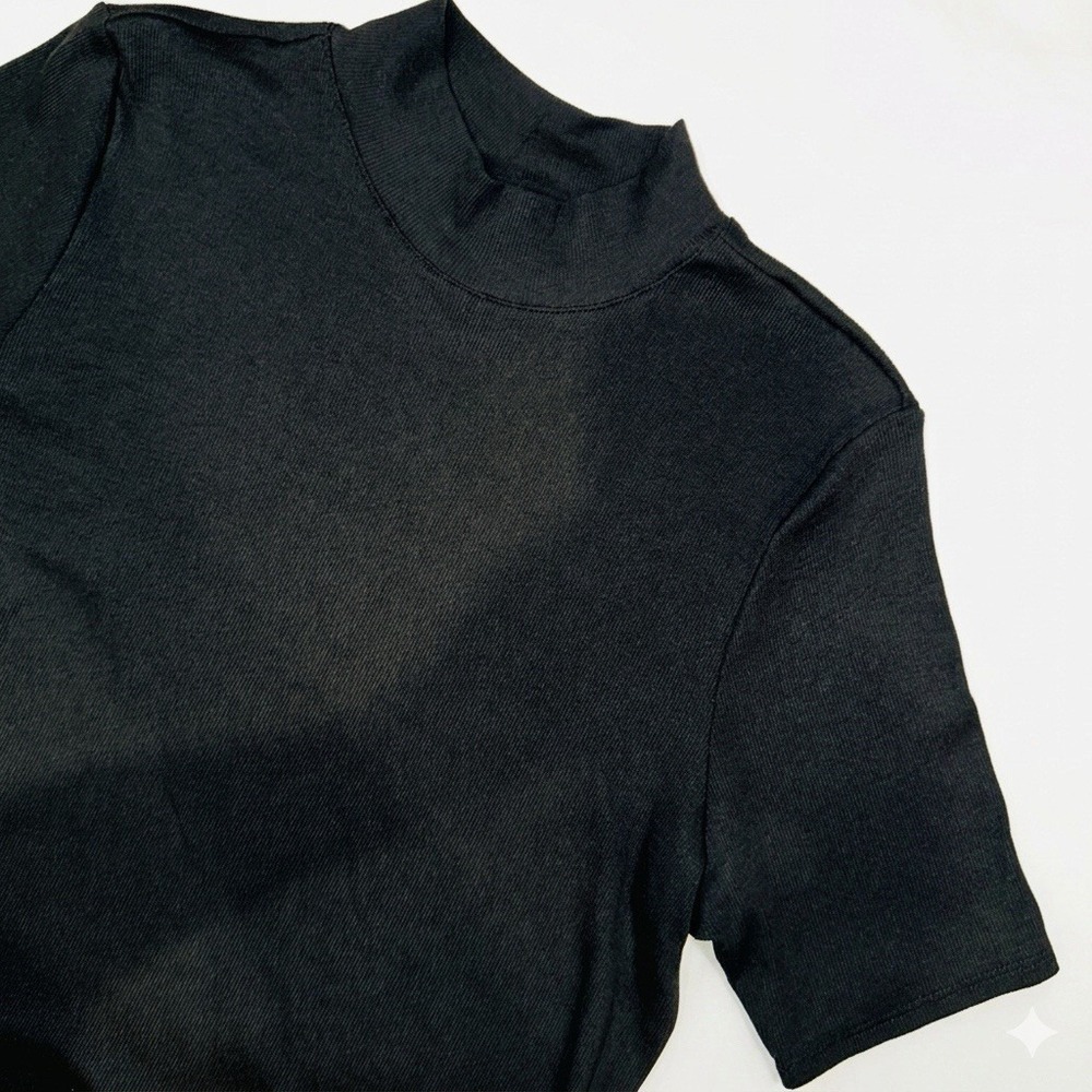Joie Pima Cotton Modal Mock Neck Top Women's XL Black Short Sleeve Ribbed Shirt